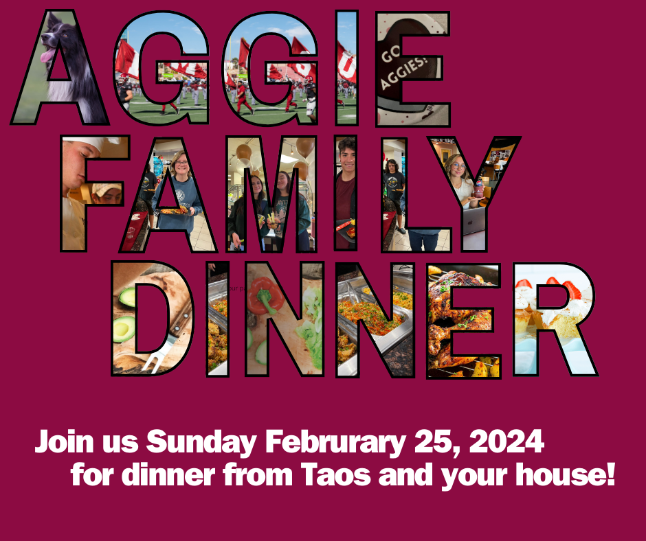 Aggie Family Dinner with photos of students and food